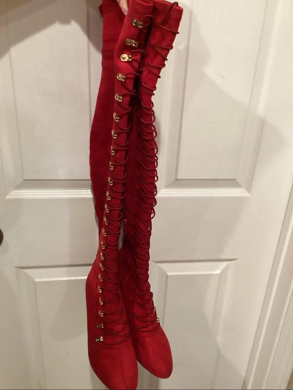 Red Over-the-Knee Lace-Up Heeled Boots - Women's